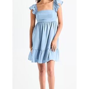 NWT By & By Puff Sleeve Square Neck Ruffle Tiered Dress Blue Women Size Small